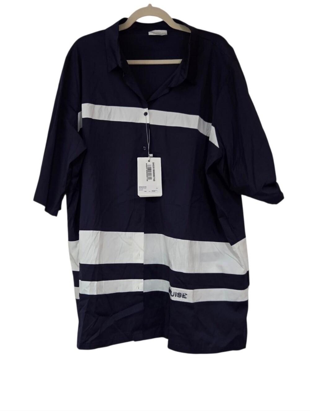 Marina Rinaldi Voyage "BANANA" Cruise Blouse Navy White Button Down Top 24W
